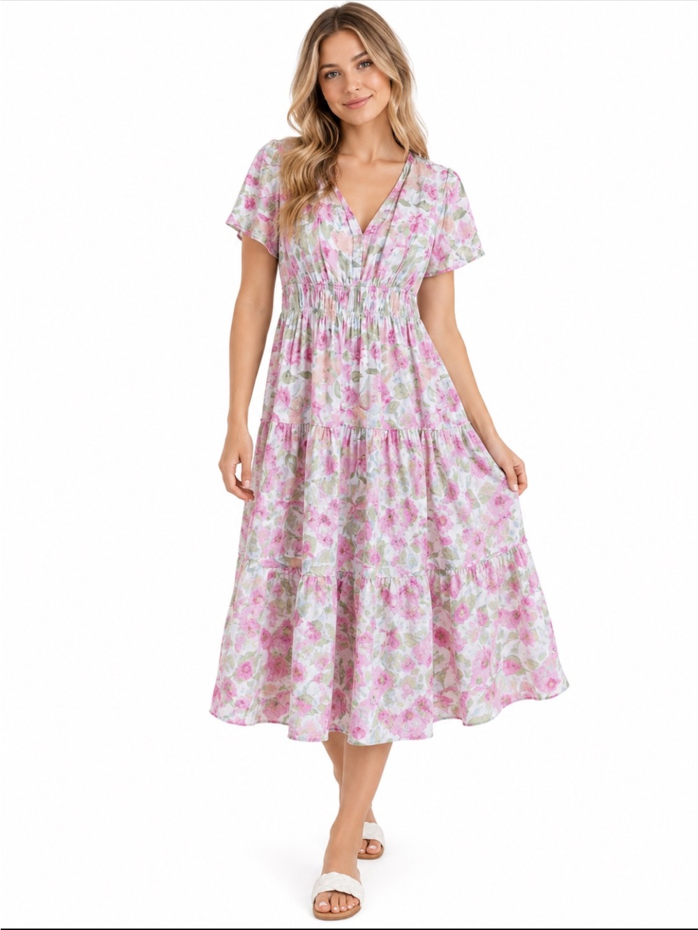 Casa Cabana Linen Blend Floral Tiered Midi Dress Pink Green XL